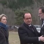 François Hollande greets Spain's PM Mariano Rajoy alongside Germany's Angela Merkel at the crash site on Wednesday afternoon. They met members of the emergency teams and military police that have been searching through the wreckage.