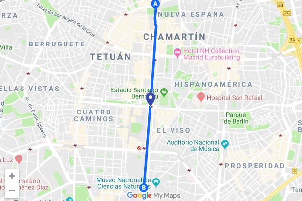 The route military parades will follow in Madrid on October 12th, starting in Cuzco and ending on El Paseo de la Castellana.  Screenshot: Google Maps