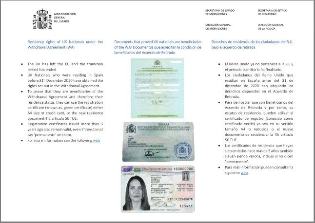 The official Spanish government document which proves that Britons' green residency documents are still valid in Spain.