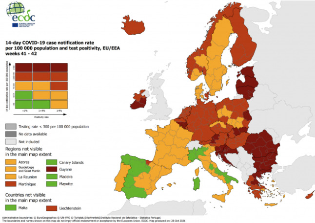Fornightly Covid-19 infection rate across the EU on October 28th 2021. Map: European Center for Disease Prevention and Control