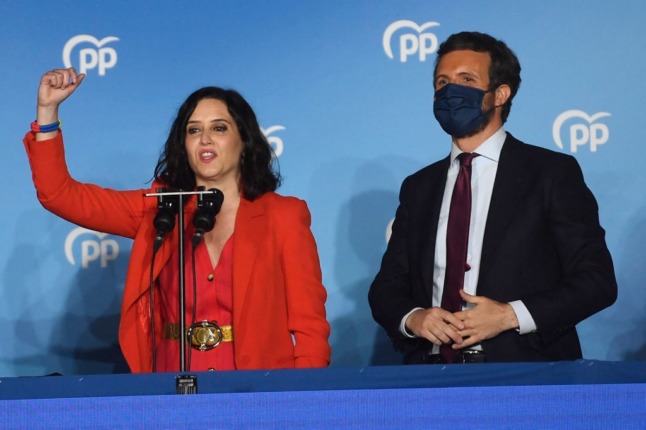 Madrid regional president Isabel Díaz Ayuso is stealing the limelight from PP leader Pablo Casado. (Photo by PIERRE-PHILIPPE MARCOU / AFP)