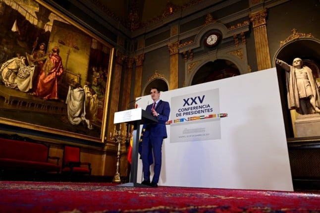Spain's Prime Minister Pedro Sanchez speaks during a press conference following a Conference of Regional Presidents 