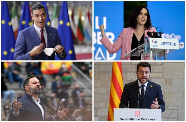 Top left: Spain's socialist Prime Minister Pedro Sánchez, top right: Madrid's right-wing regional leader Isabel Díaz Ayuso, bottom left: far-right Vox party leader Santiago Abascal, bottom right: Catalonia's regional leader Pere Aragonès. Photos: AFP